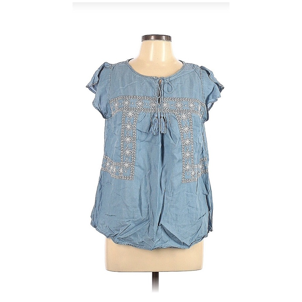 old Navy Sz Large Blue Cotton Chambray Flutter Sleeve Embroidered Blouse